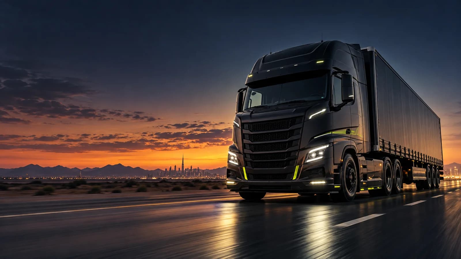Concept charcoal and lime truck crossing a desert highway at dusk