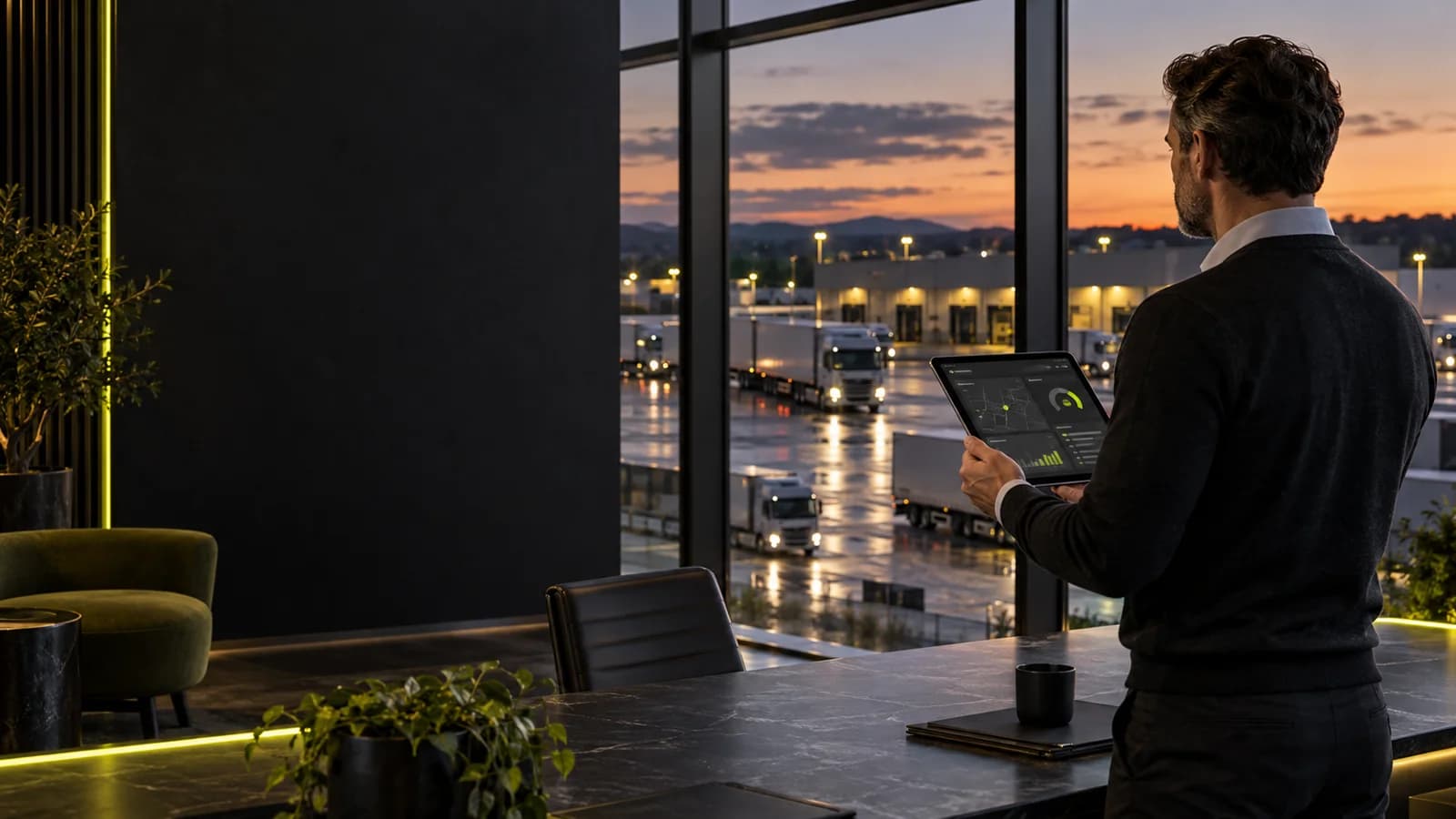 Concept fleet operations manager reviewing a tablet in a dispatch office