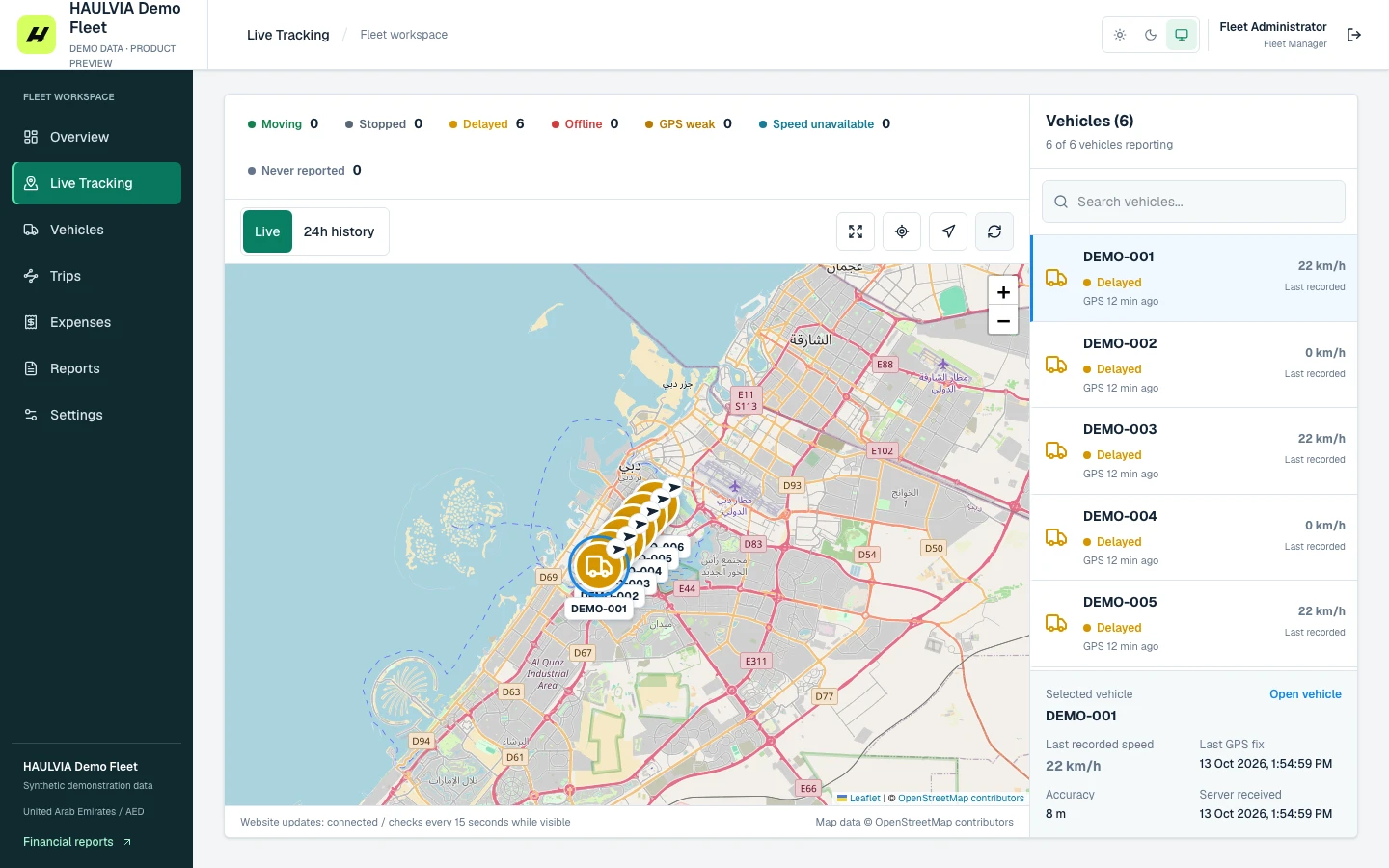 Fleet tracking in the fleet application, demonstration data